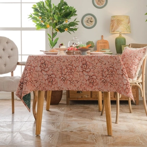 Pink jacquard tablecloth with textured rose floral pattern in American style home decor