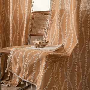 Ochre cotton linen curtain with white wave floral print and decorative tassels