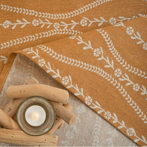 Pastoral orange cotton linen tablecloth with white floral patterns for dining table