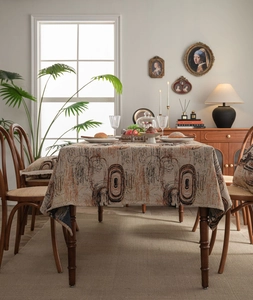 Detailed texture of thick jacquard tablecloth with abstract retro annual ring patterns