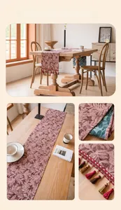Close-up of thick floral jacquard table runner with decorative colorful tassels