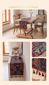 Detailed view of woven jacquard table runner featuring ethnic geometric patterns and tassels
