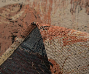 Macro shot of thick woven tablecloth edge with abstract wood ring jacquard texture