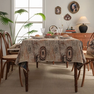 Retro heavy jacquard tablecloth with abstract rings pattern and matching cushions