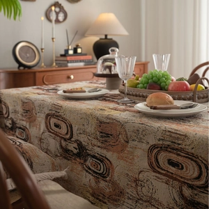 Artistic jacquard tablecloth with abstract rings in earth tones for dining room decor