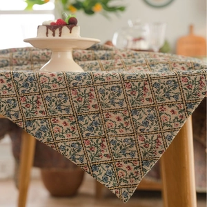 Vintage floral jacquard tablecloth with thick fabric texture for rustic dining decor
