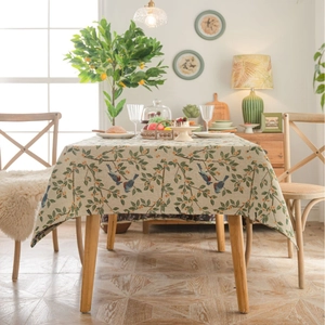 American style rectangle tablecloth featuring jacquard floral and bird patterns in soft beige