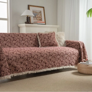 Thick floral jacquard sofa throw blanket with cream fringes in a vintage red leaf pattern