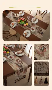 Close-up of jacquard table runner with abstract annual ring pattern and woven tassels