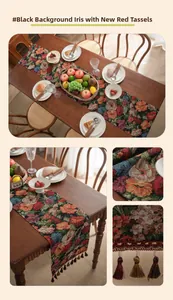 Detail of vintage floral table runner with iris patterns and colorful tassel trim