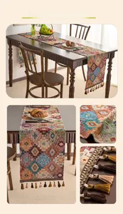 Detailed view of bohemian thick jacquard table runner with geometric diamond patterns and tassels