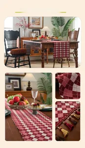 Detailed close-up of red and white checkered table runner with premium fringe tassels