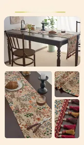 Detail view of woven table runner with ginkgo floral patterns and colorful tassels