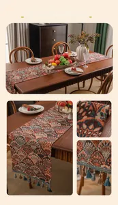 Close-up of jacquard ginkgo leaf pattern on thick table runner with dual-tone tassels
