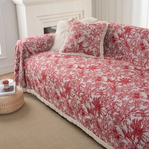 American Vintage Jacquard Sofa Cover Red Toile De Jouy Jungle Pattern Thick Slipcover Washable Sofa Blanket With Tassels