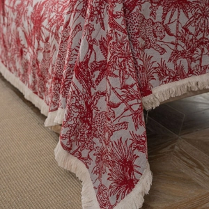 Red Toile de Jouy cheetah print sofa throw blanket with decorative fringe edges