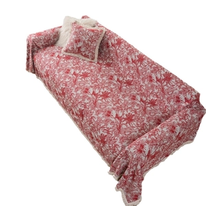 Red Toile de Jouy floral tiger pattern sofa cover and cushion set with fringe trim