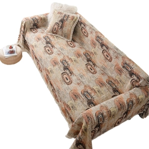 Jeté de canapé en jacquard épais à motifs géométriques café avec pompons et coussin assorti
