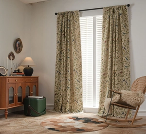 Close-up of bird and flower jacquard pattern on semi-blackout curtains with fringe