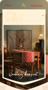 Macro detail of red Chinese table runner featuring jacquard fabric and colorful tassels