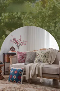Detail of American jacquard throw pillow cases with vintage floral patterns and tassels