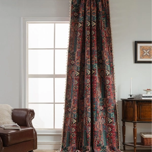 Bohemian geometric color-block jacquard curtain with elegant white tassel fringe edges