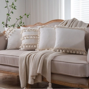 Boho Tassel Pillow Cover Solid Off-White Polyester Cotton Blend Cushion Cover With Braided Trim For Sofa Living Room Decor