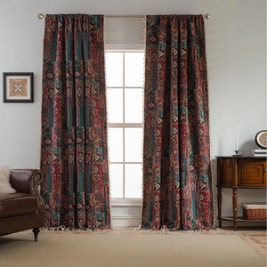 Bohemian geometric color-block curtains with fringe trim and ethnic jacquard pattern