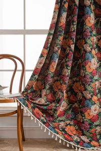 Detail of vintage floral jacquard fabric with elegant white cotton tassel edge for curtains