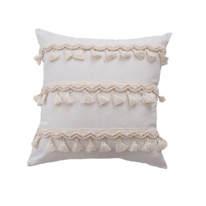Minimalist beige canvas throw pillow cover featuring bohemian tassels and woven rope details