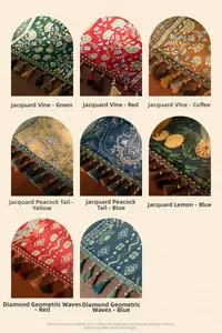 Collage of Jacquard table runners with various floral patterns and elegant tassels