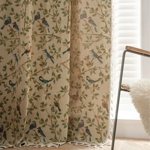 Beige floral and bird jacquard curtain with white fringe tassels for cozy home decor