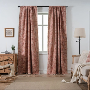 Bohemian floral curtains in vintage pink cotton linen blend with cream tassel edges