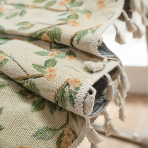 Beige floral jacquard curtain with elegant tassels and leaf patterns for home decor