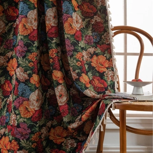 American style floral jacquard curtain with vibrant flower patterns and tassel edges