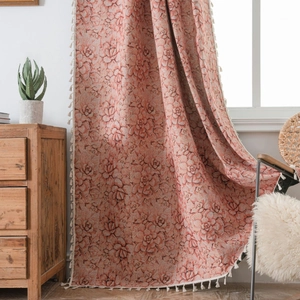 Pastel pink floral tassel curtains with succulent patterns for kitchen and bay windows