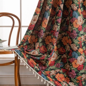 Vintage floral jacquard curtain fabric with decorative white tassels for home decor