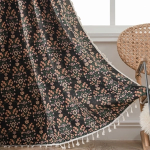 Retro black jacquard curtain with floral pattern and white cotton tassels for home decor