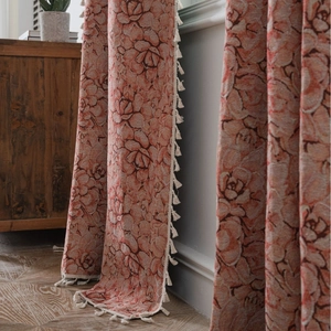 Vintage orange jacquard floral curtain with elegant off-white tassels for home decor