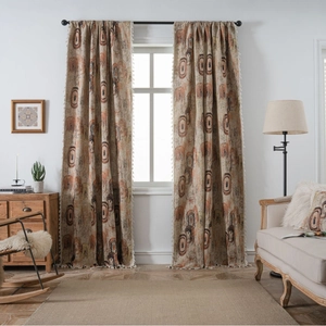 Linen blend curtains with geometric patterns and white tassels for a cozy home decor