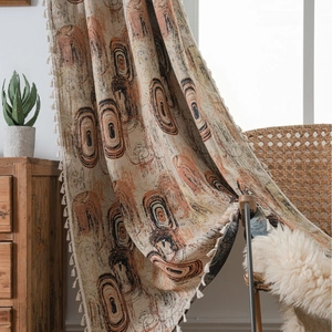 Bohemian jacquard curtain with orange geometric patterns and white tassel fringe
