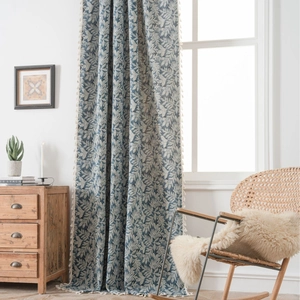 Blue coconut leaf jacquard curtain with elegant cream tassels for home decor