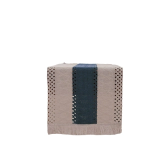 Nordic woven table runner in navy blue and beige stripes with decorative tassels