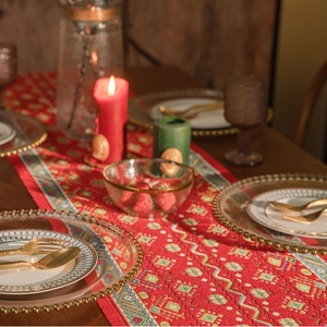Modern red table runner with jacquard geometric patterns for Chinese wedding decor