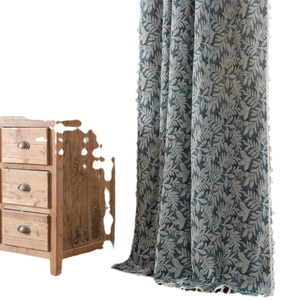 Bohemian style cream curtains with blue leaf jacquard and elegant tassel fringe