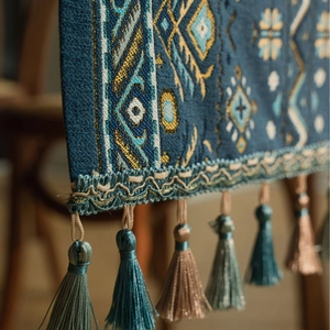 Macro-detail van de blauwe jacquard tafelloper met geometrische patronen en franjes