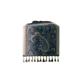 Blue paisley jacquard table runner with decorative colorful tassels for dining decor