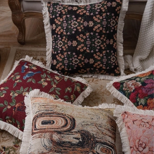 Vintage jacquard decorative throw pillows with floral patterns and fringe trim for sofa