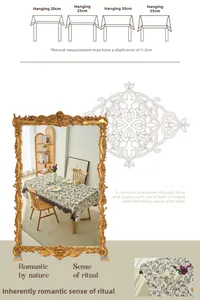 Detailed close-up of rectangular tablecloth with vintage floral pattern and decorative lace
