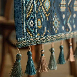 Blauwe tafelrunner met geometrisch jacquardpatroon en decoratieve franje kwastjes